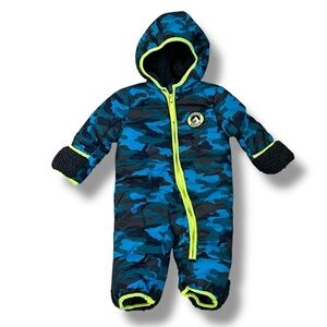 Wippette Snow Suit Blue Camo Fleece Lined Hood Full Zip Infant 6/9 Months NWOT